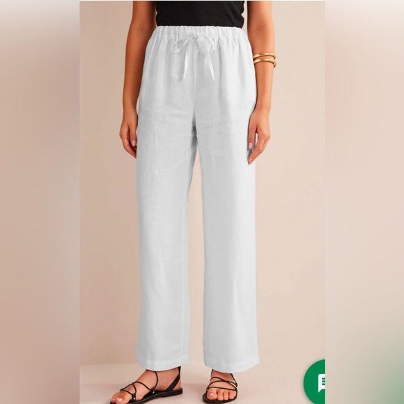 NWT  Boden Pants US 8P Long Linen Wide Leg White Womens Casual drawstring Button - Picture 3 of 16